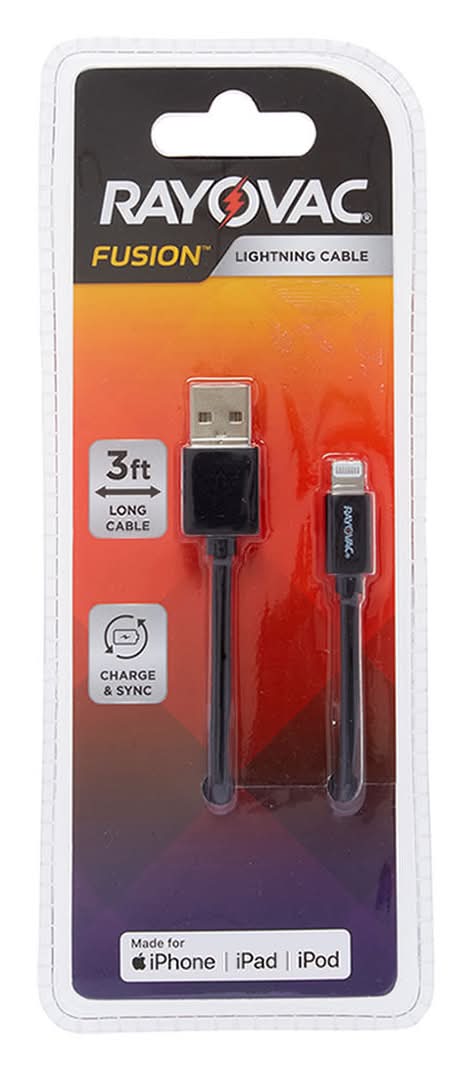 Rayovac Fusion Lightning Cable, 3 ft, Black