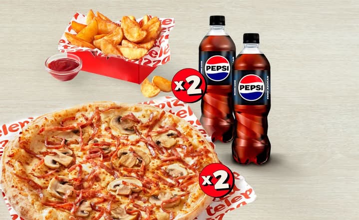 2 Pizzas medianas 2ing + Patatas Gajo + 2 bebidas de 50cl