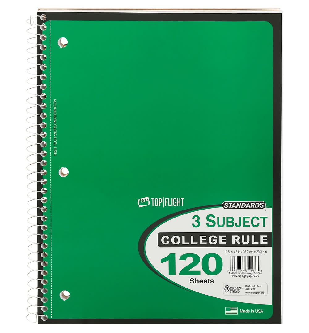Top Flight Standards 3 Subject College Rule Notebook, Green (1 lbs)