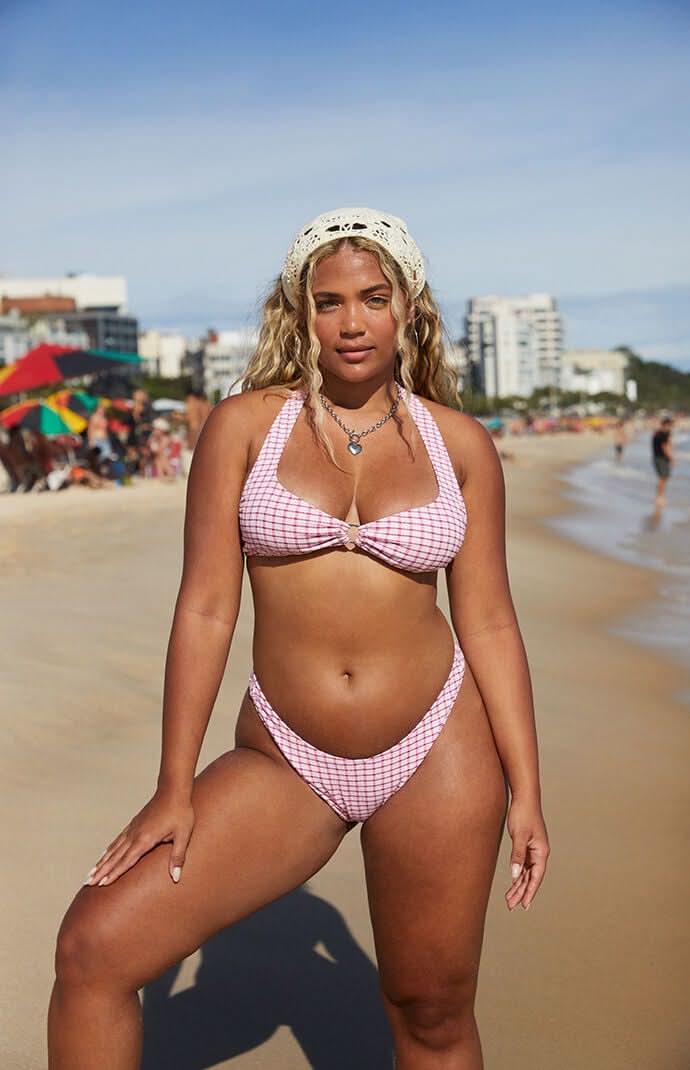 Women's  Plaid Jade High Cut Bikini Bottom Pink S