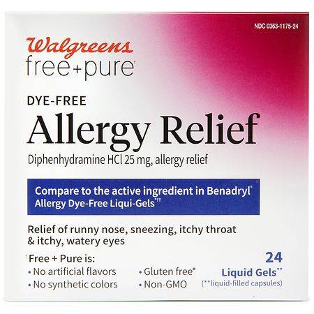 Walgreens Free & Pure Dye-Free Allergy Relief Diphenhydramine Hcl 25 mg Capsules (24 ct)