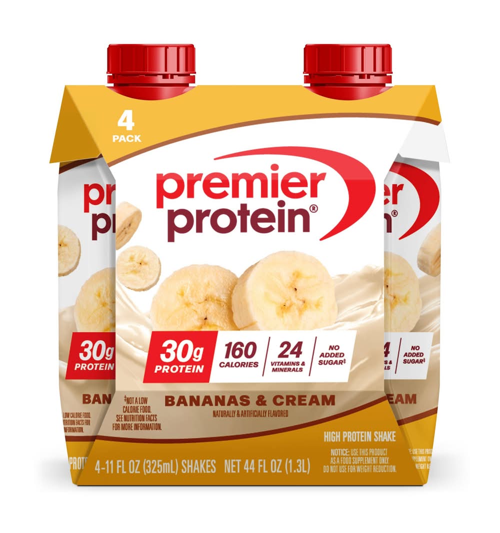 Premier Protein Nutritional Shake Bananas & Cream Non-Caffeinated Whey Protein- 11 fl oz/4pk