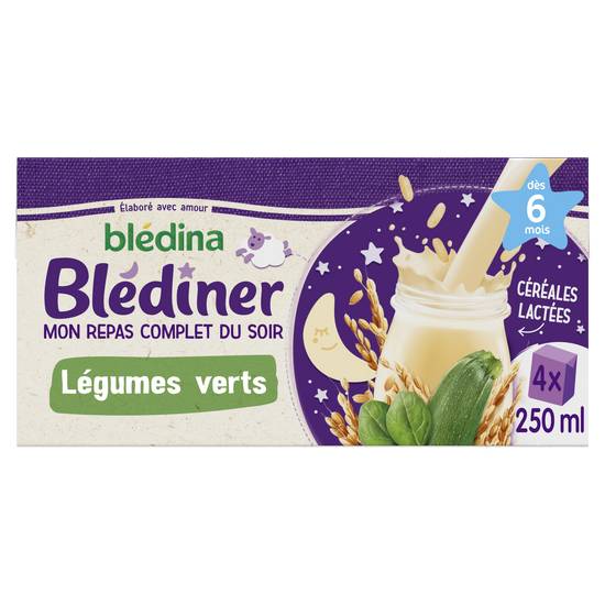 Blédina - Blédiner lait et céréales aux légumes verts soir bébé dès 6 mois (4 pièces, 250 ml)