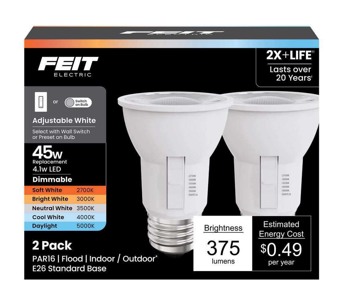 Feit Electric Par16 E26 (Medium) Led Bulb Adjustable White 45 Watt Equivalence 2 Pk