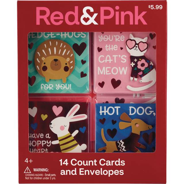 Red & Pink Furry Friends Valentine's Day Children's Exchange Cards & Envelopes, 14ct