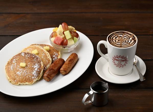 Pancake combo with Sausage or Bacon + Single Hot Beverage