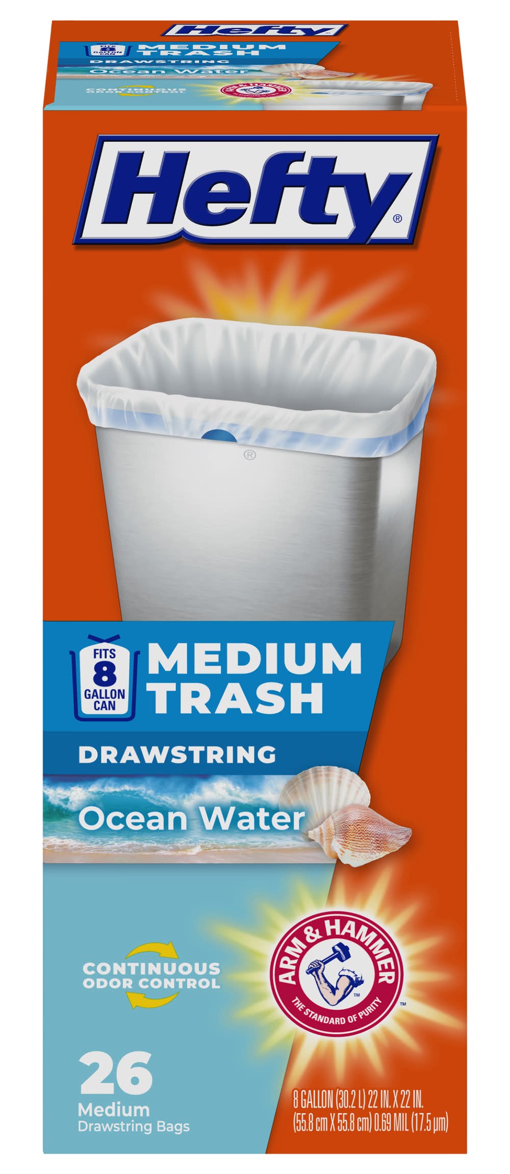 Hefty Drawstring Trash Bags 8 Gallon, Ocean Water, 22x22 in (26 ct)