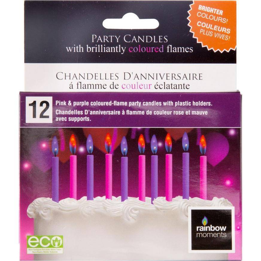 Rainbow Moments Party Candles With Brilliantly Coloured Flames (pink-purple)