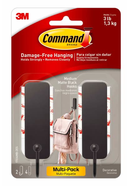Command Medium Matte Black Hooks, 3 lb, 2 Hooks, 4 Medium Strips