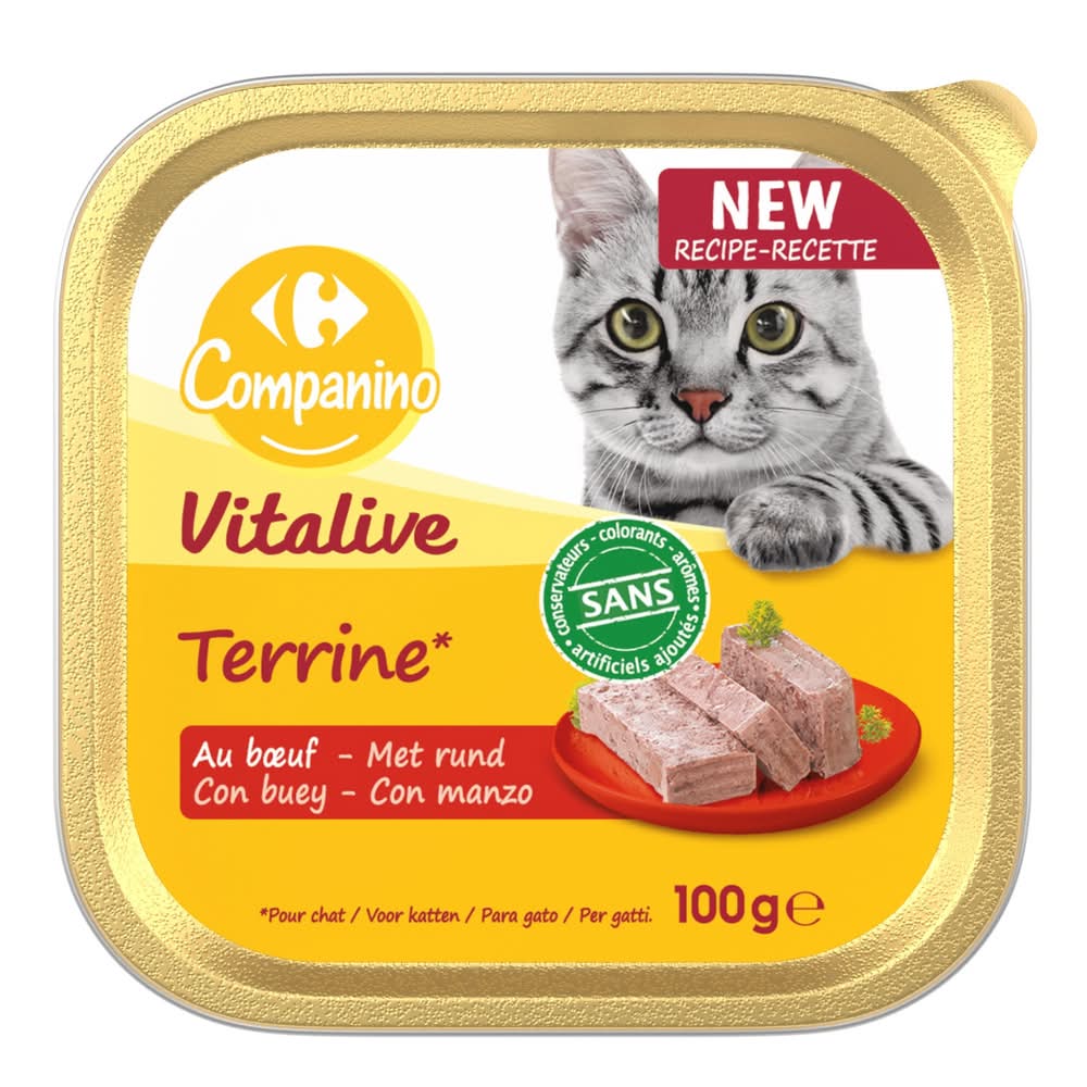 Carrefour Companino - Pâtée pour chat adulte en terrine bœuf vitalive (100g)