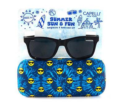 Blue & Yellow Smiley Emoji Kids' Sunglasses & Hard Case