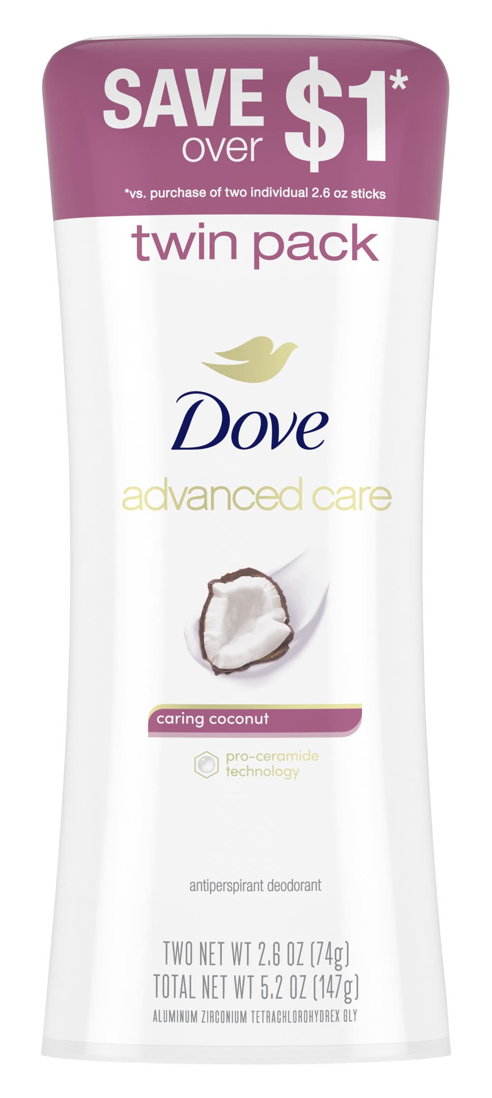 Dove Antiperspirant Deodorant Stick, Caring Coconut (5.2 oz, 2 ct)