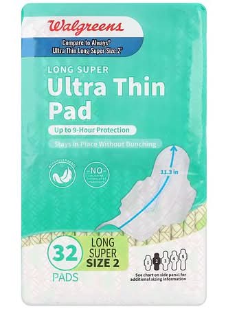 Walgreens Long Super Ultra Thin Pads, Women, 2 (32 ct)