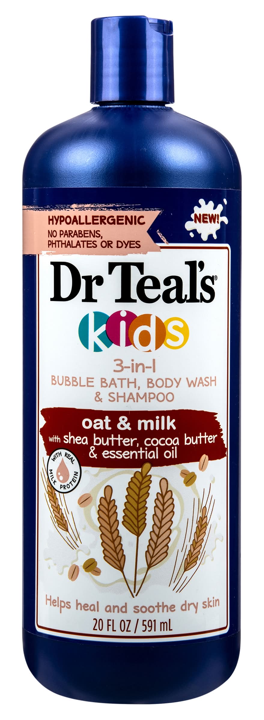 Dr Teal's Kids 3 in 1 Bubble Bath Body Wash and Shampoo, Oat & Milk (20 oz)