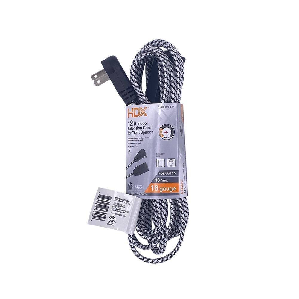 Hdx 12 Ft. 16/2 Light Duty Indoor Braided Tight Space Extension Cord, Black/White