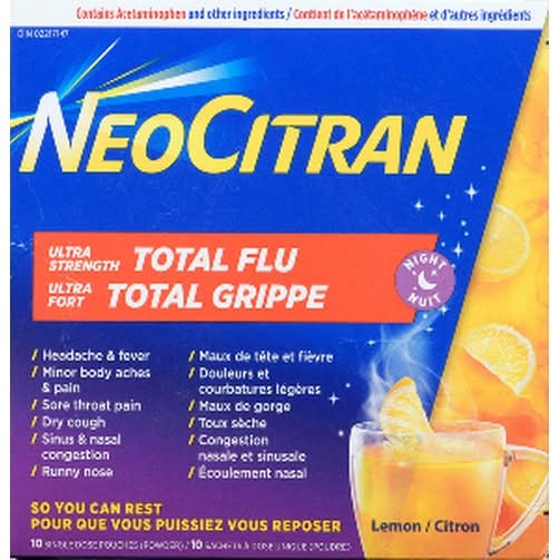 NeoCitran Ultra Strength Total Flu Ultra Fort Total Grippe Pouches, Lemon-Citron (10 ct)