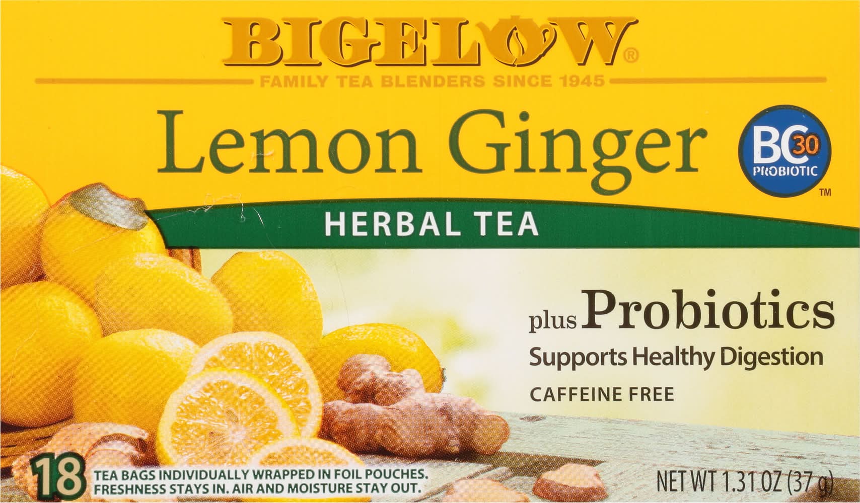 Bigelow Plus Probiotics Herbal Tea Bags, Lemon Ginger (1.31 oz, 18 ct)