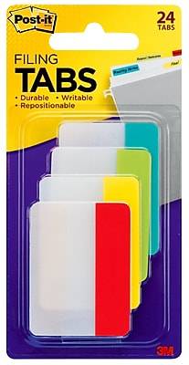 Post-It Notes Durable Filing Tabs 2-inch Solid Assorted Primary Colors (24 ct)