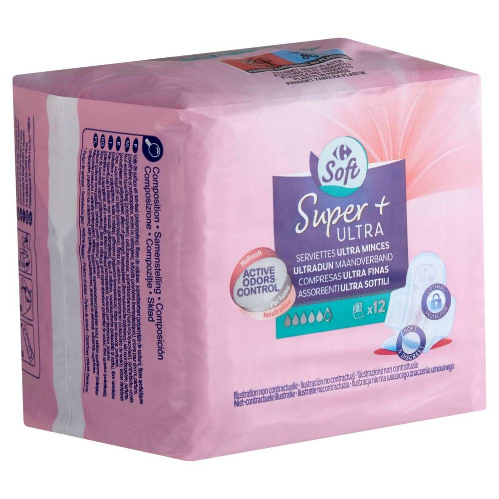 Carrefour Soft Super+ Serviettes Ultra Minces 12 Pièces