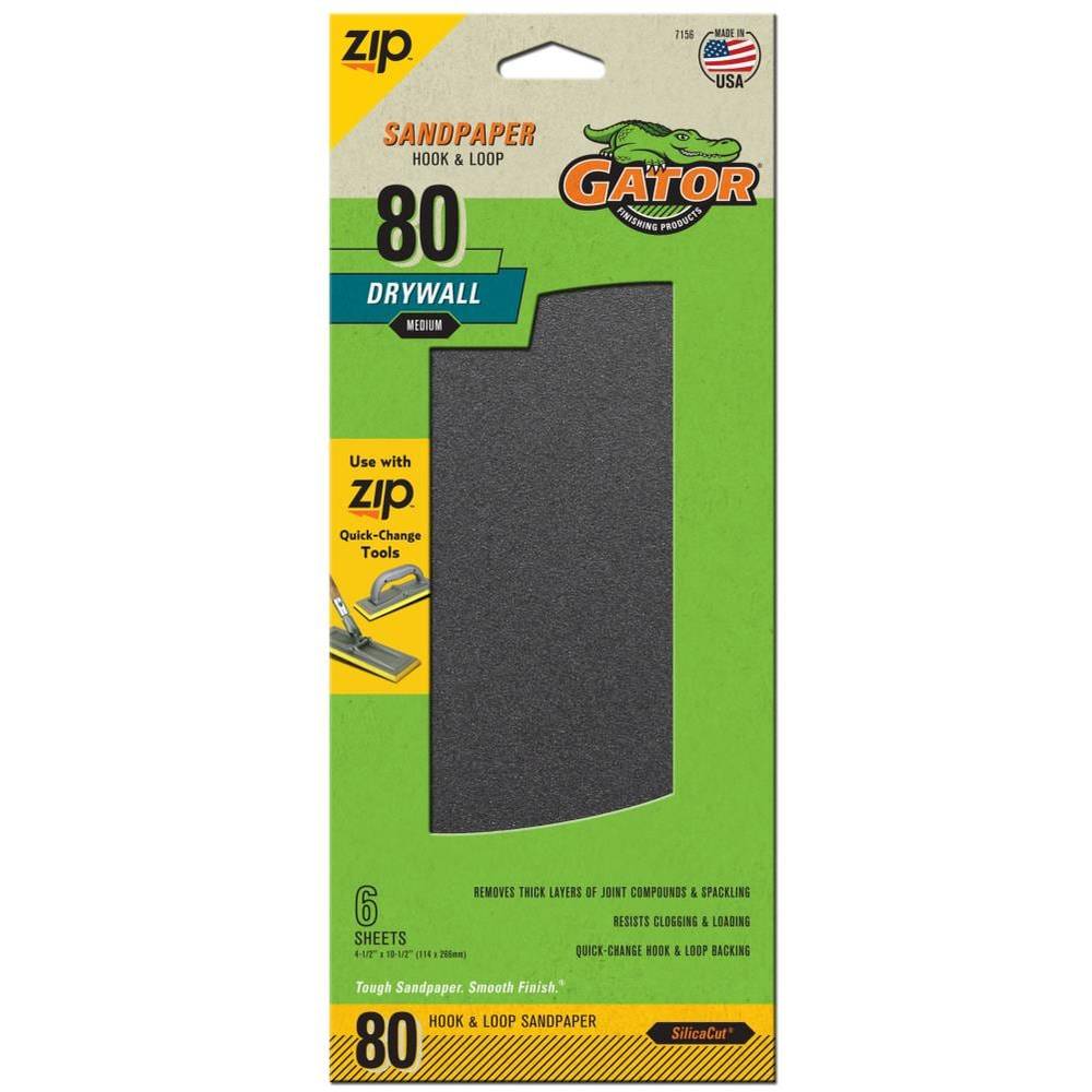 Gator Hook and Loop Drywall Sandpaper Medium 80-Grit Sheet Sandpaper 4.5-in W x 10.5-in L 6-Pack | 7156