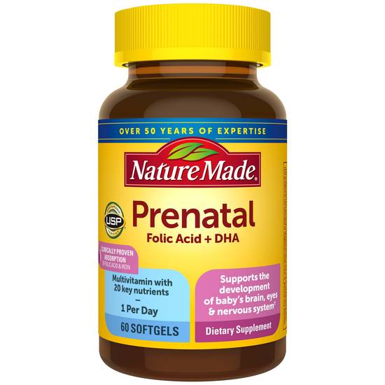 Nature Made Prenatal Multivitamin + 200 mg DHA Softgels to Support Baby's Development, 60 CT
