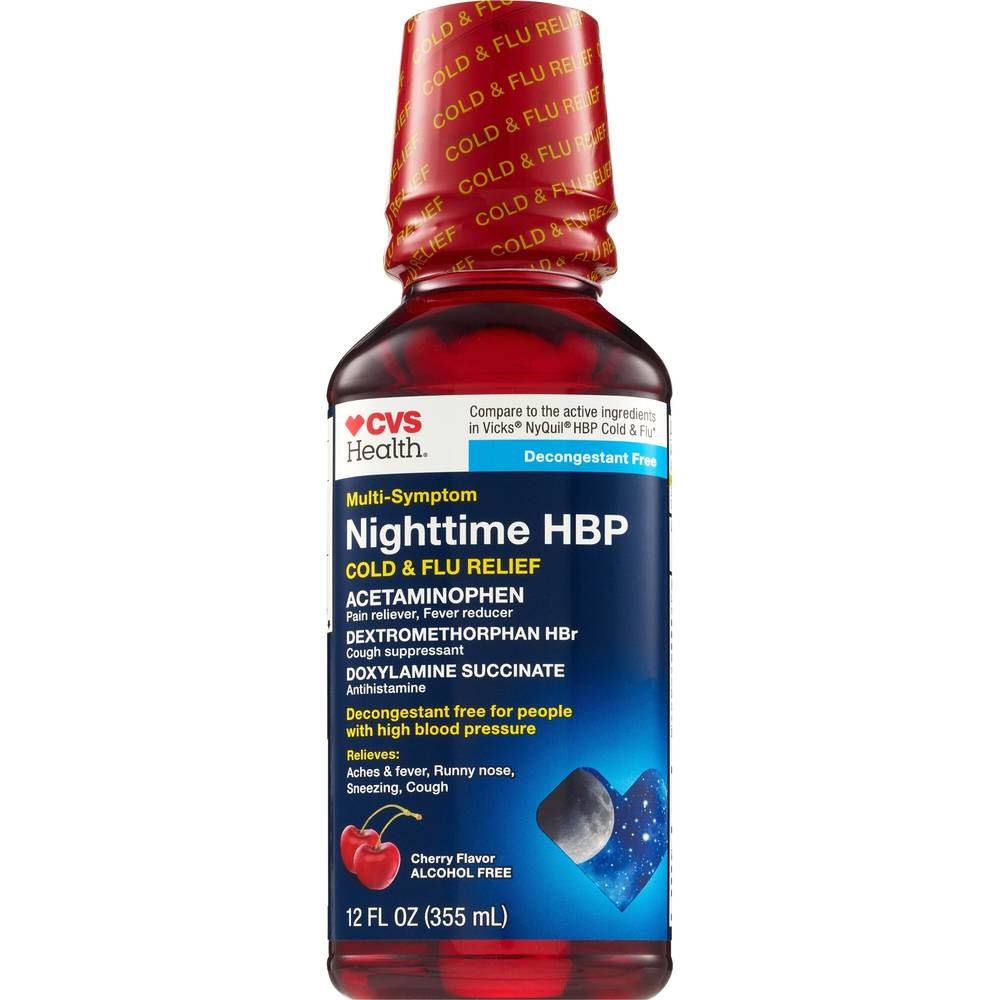 Cvs Health Multi-Symptom Nighttime Hbp Cold & Flu Relief, Cherry, 12 Oz