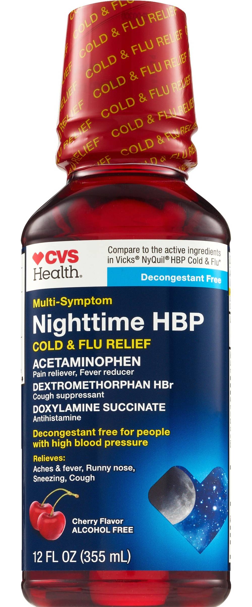 Cvs Health Multi-Symptom Nighttime Hbp Cold & Flu Relief, Cherry, 12 Oz