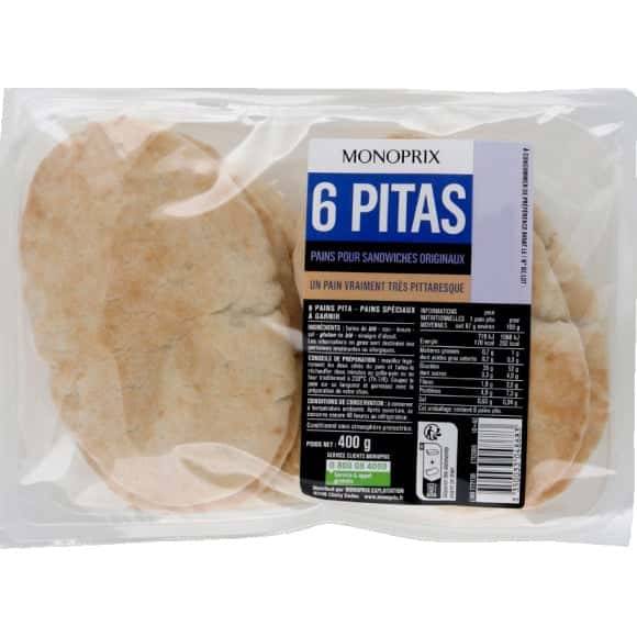 Monoprix Pitas Pain Pour Sandwiches Originaux Le Paquet De 6 - 400 G