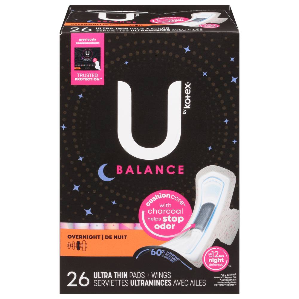 U by Kotex Balance Overnight Ultra Thin Pads Wings (26 ct)