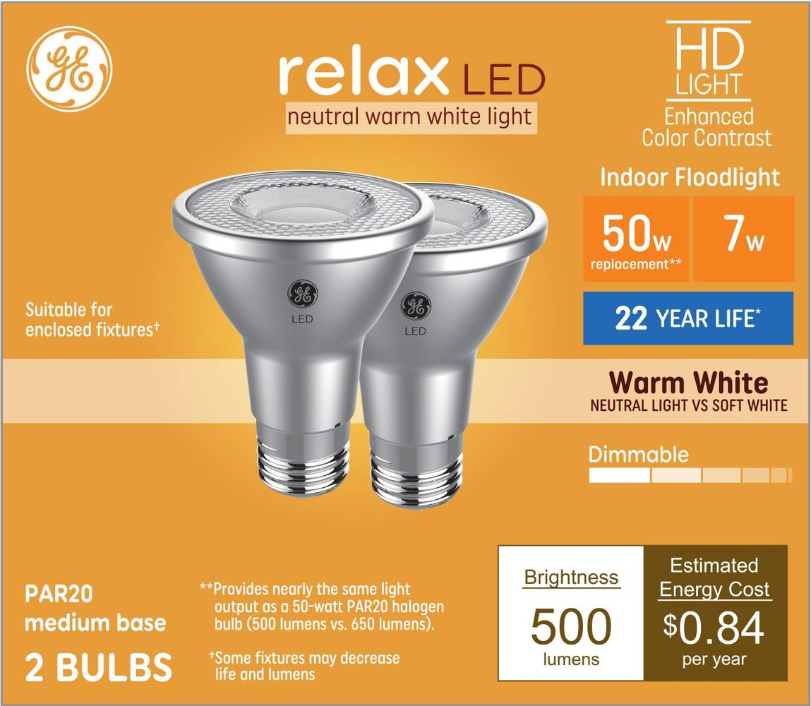 GE Relax HD 50-Watt EQ PAR20 Warm White Medium Base (e-26) Dimmable LED Spot and Flood Light Bulb (2-Pack) | 93130746