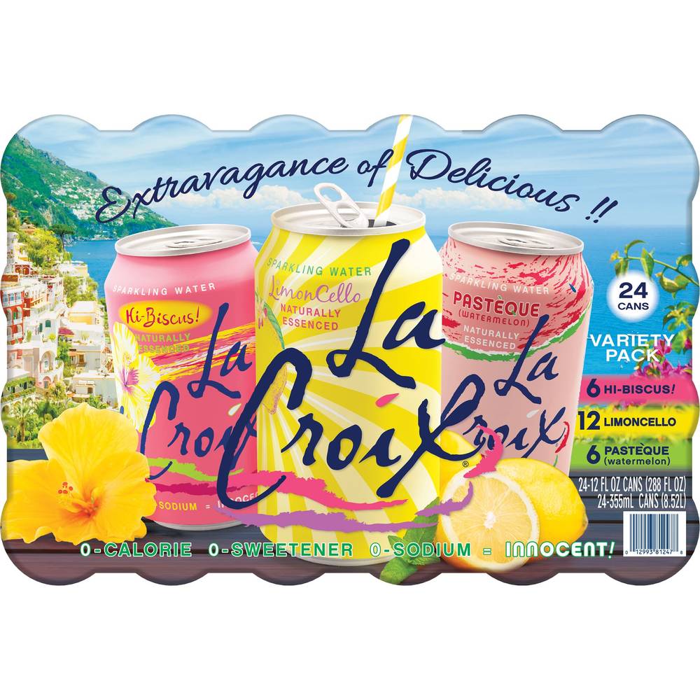 Lacroix Sparkling Water Variety pack (24 pack, 12 fl oz) (hibiscus, limoncello and watermelon)