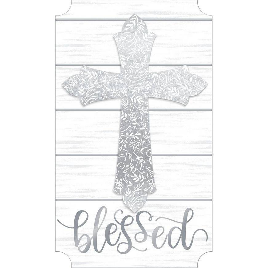 Glitter Silver Blessed Cross Easel Sign