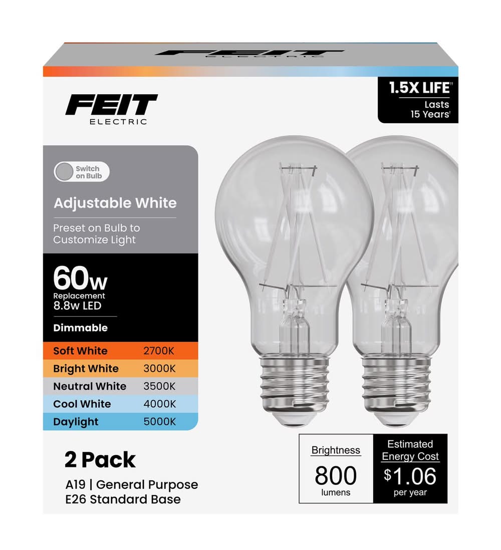 Feit Electric A19 E26 (Medium) Filament Led Bulb Adjustable White 60 Watt Equivalence 2 Pk