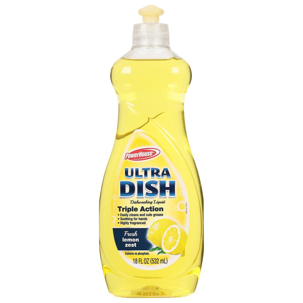 PowerHouse Triple Action Ultra Dish Dishwashing Liquid, Fresh Lemon Zest (18 fl oz)