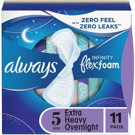Always Infinity Flex Foam Extra Heavy Overnight Absorbency Sanitary Pads, Women, Size 5 (11 ct)