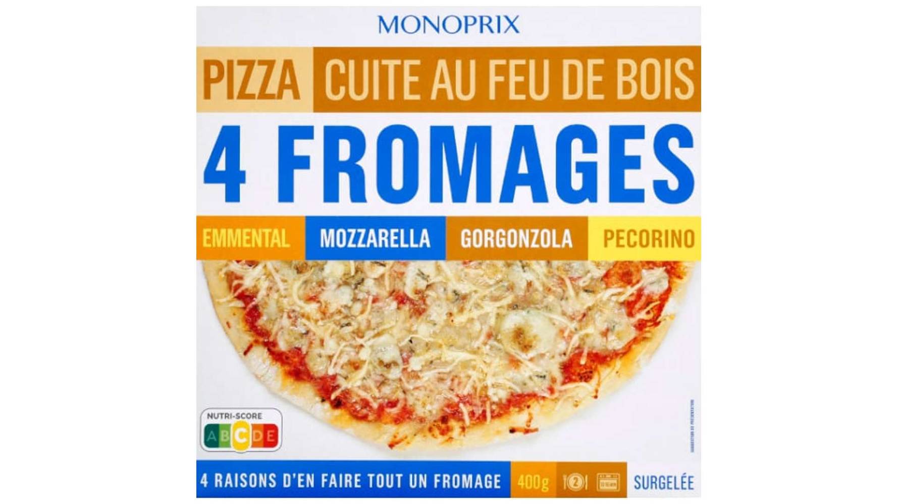 Monoprix Pizza cuite au feu de bois 4 fromages, surgel{es La pizza de 400g