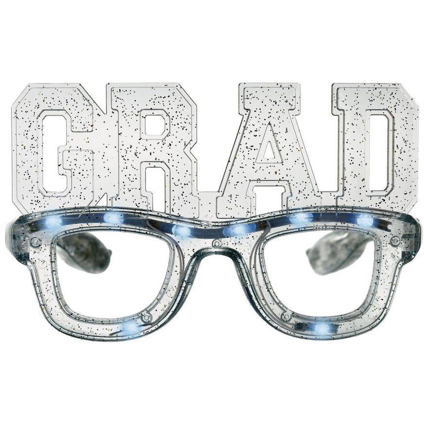 Party City Light-Up Glitter Grad Plastic Glasses, Black-Silver-Gold