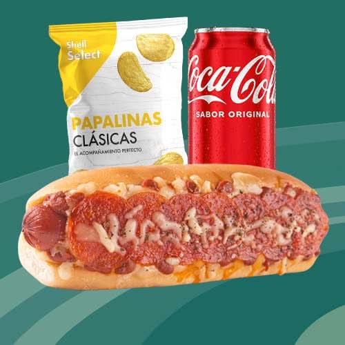 Combo Pepperoni Pizza Dog + Coca Cola Lata 12 oz + papalinas shell select 60g