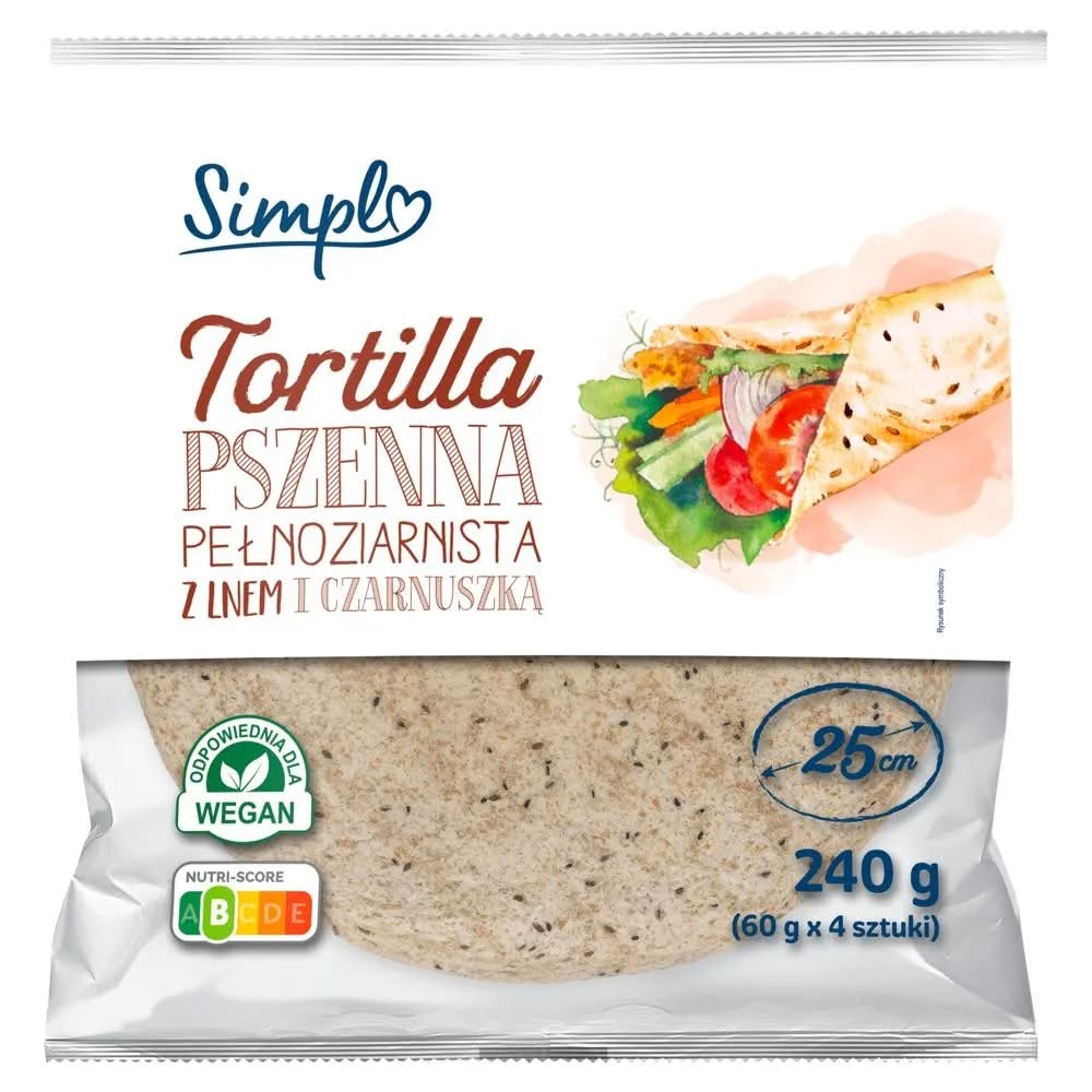 Simpl Tortilla pszenna pełnoziarnista z lnem i czarnuszką 240 g (4 x 60 g)