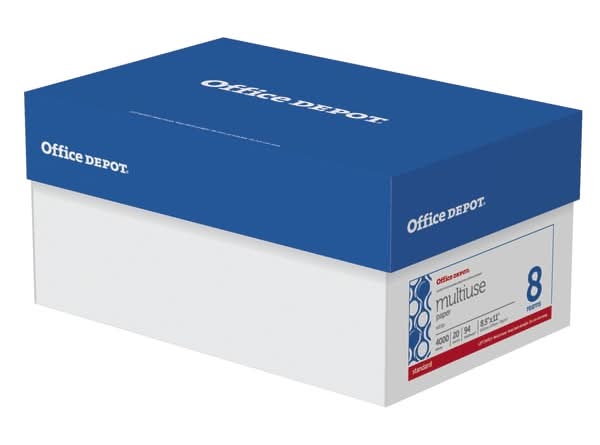 Office Depot® Multi-Use Printer & Copy Paper, 8 Reams, White, Letter (8.5" x 11"), 4000 Sheets Per Case, 20 Lb, 94 Brightness