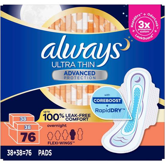 Always Ultra Thin Advanced Protection Overnight Pads (76 ct)