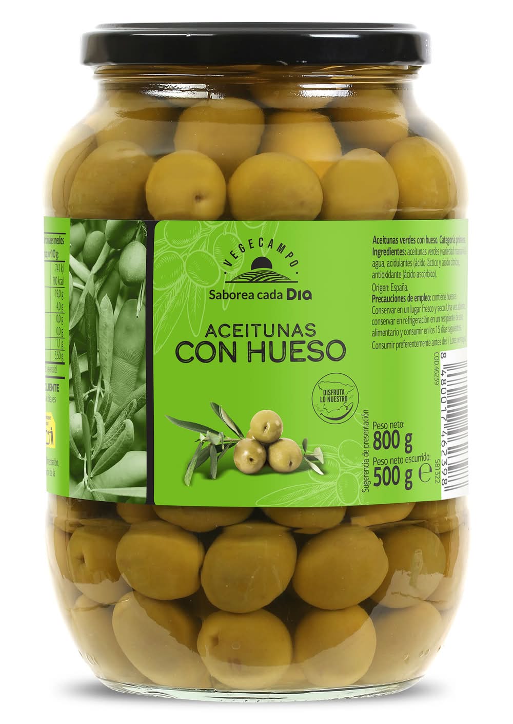 Aceitunas Verdes Con Hueso Vegecampo De Dia Frasco 500 G