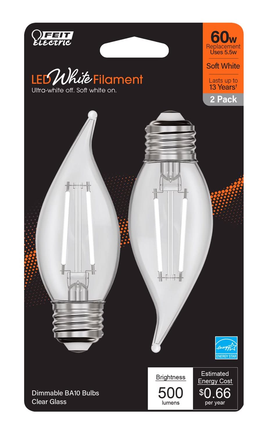 Feit Electric White Ba10 E26 (Medium) Filament Led Bulb Soft White 60 Watt Equivalence 2 Pk