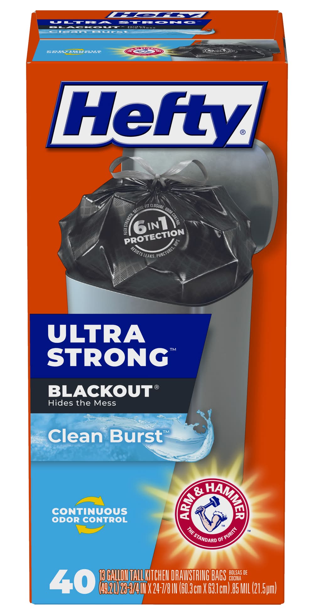 Hefty Ultra Strong Blackout Clean Burst Tall Kitchen Trash Bags, 60.3 cm X 63.1 cm (40 ct)