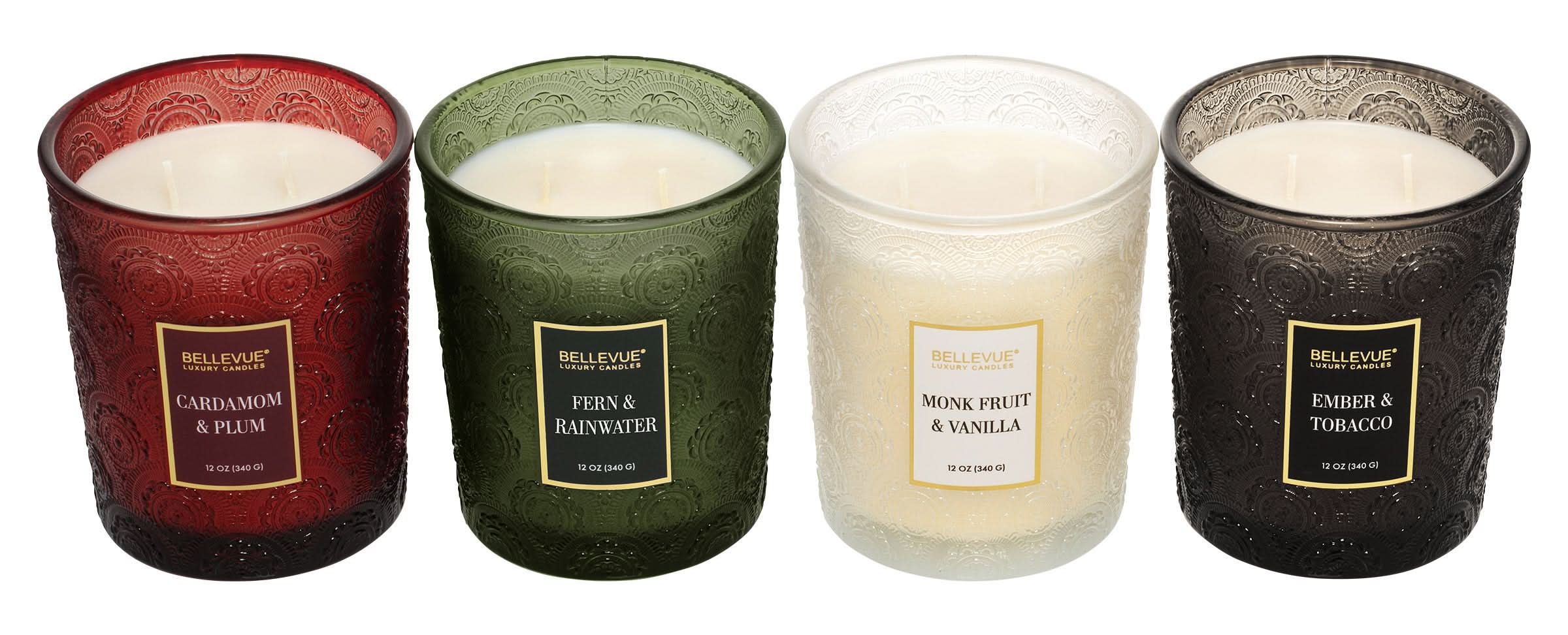 bellevue tobacco Bellevue Embossed Glass Candles Variety pack, Cardamom & Plum-Fern & Rain  Water-Monk Fruit & Vanilla-Ember & Tobacco (4 x 12 oz)