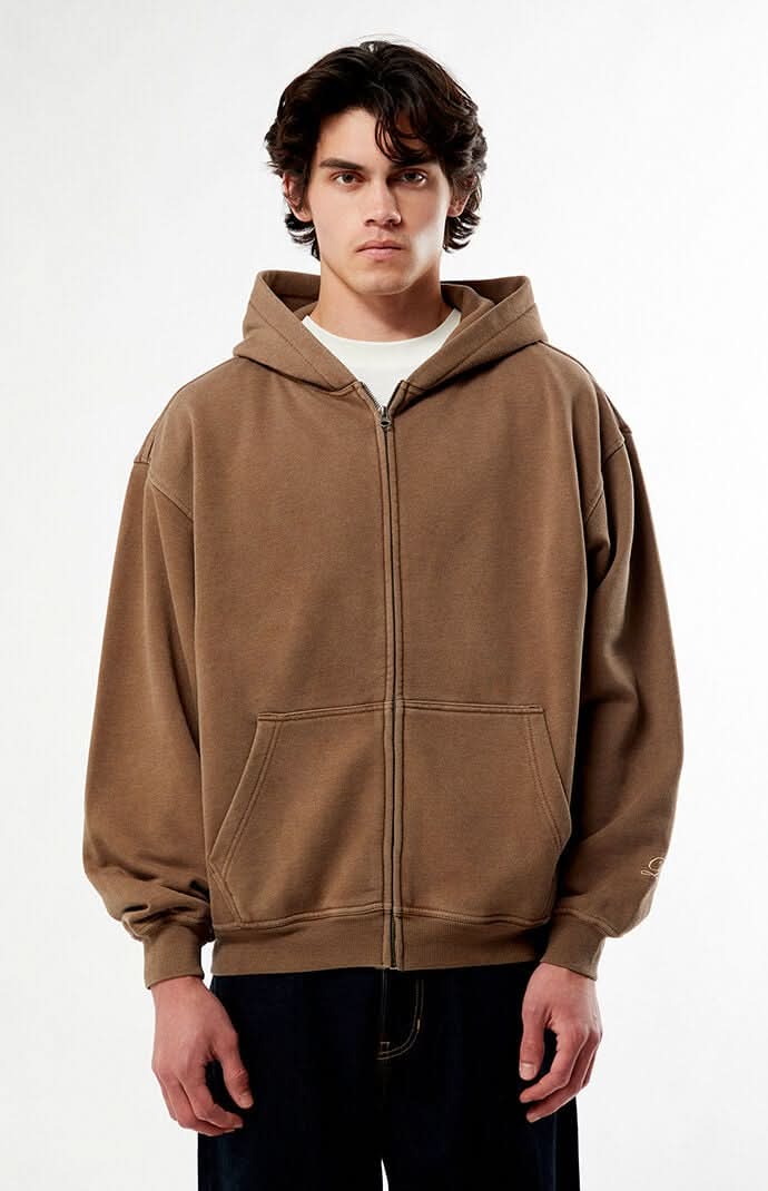 Men's Washed Full Zip Hoodie Brown L