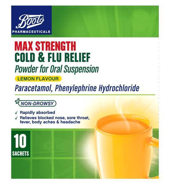 Boots Max Strength Cold & Flu Relief Lemon Flavour powder for Oral Suspension- 10 Sachets
