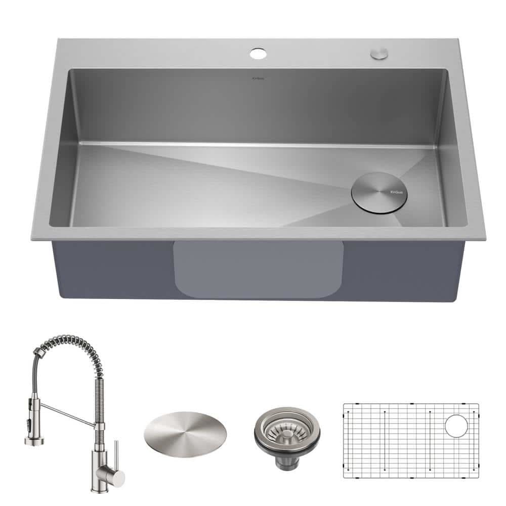 Kraus Loften All-In-One 33 In Drop In Single Bowl 18-Gauge Stainless Steel Kitchen Sink W/ Bolden Pull Down Faucet In Chrome