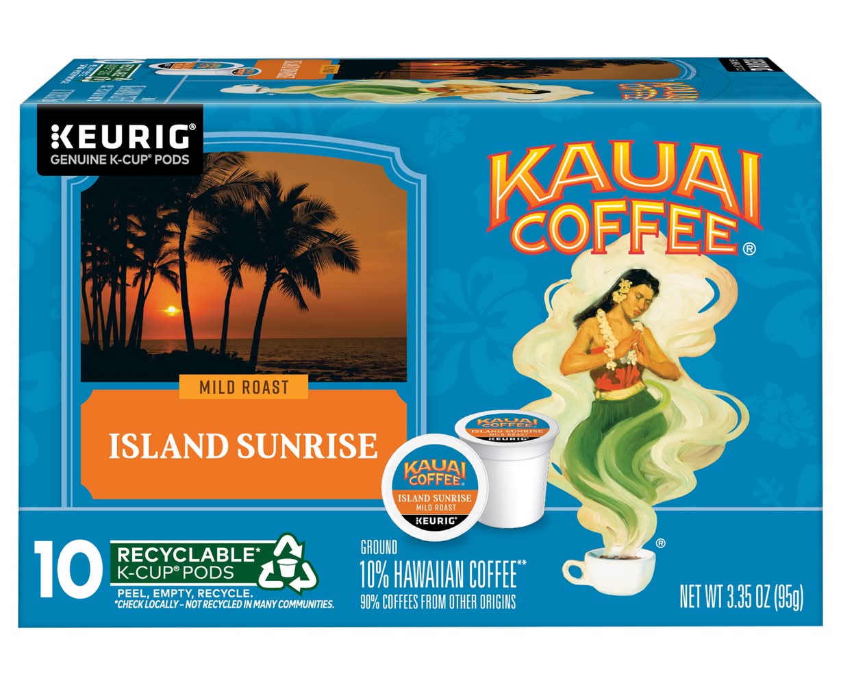 Kauai Coffee Ground 10% Hawaiian Mild Roast K-Cup Coffee Pods, Island Sunrise (3.35 oz, 10 ct)