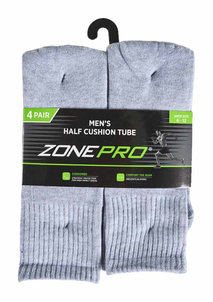 Zone Pro Men?S Half Cushion Gray Tube Socks Size 6 To 12 4 Pk